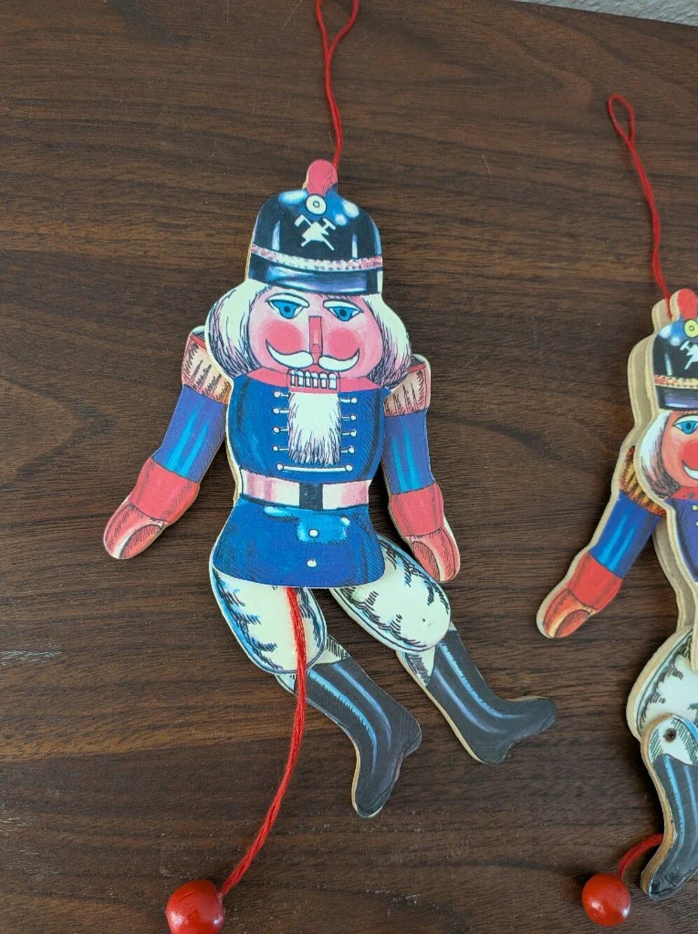 2 Vintage Christmas Nutcracker Pull String Jumping Jack Wooden Puppet Ornaments